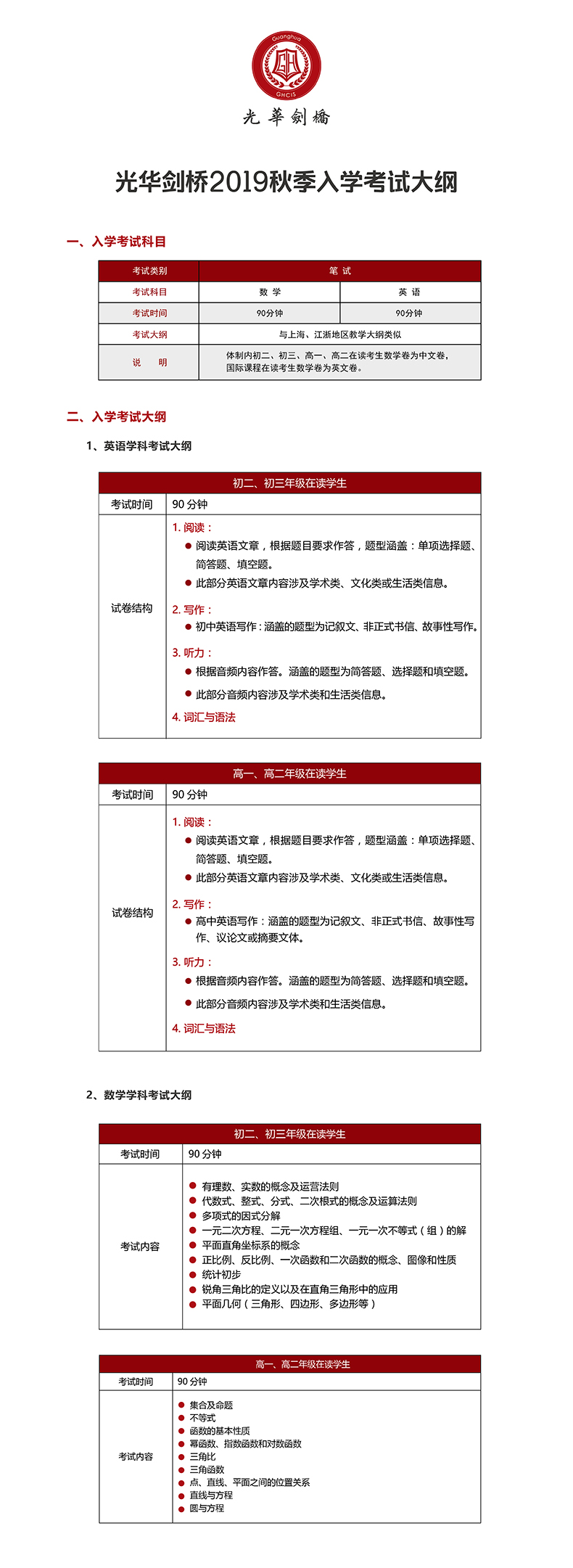 上海光華學(xué)院劍橋國際中心2019年秋季入學(xué)考試大綱